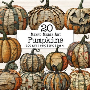 Puede incluir: Una colección digital de 20 calabazas de arte de técnica mixta con texturas de papel en capas, partituras musicales antiguas y patrones florales. El texto 20 Mixed Media Art Pumpkins 300 DPI | PNG | JPG | Set 4 está centrado.