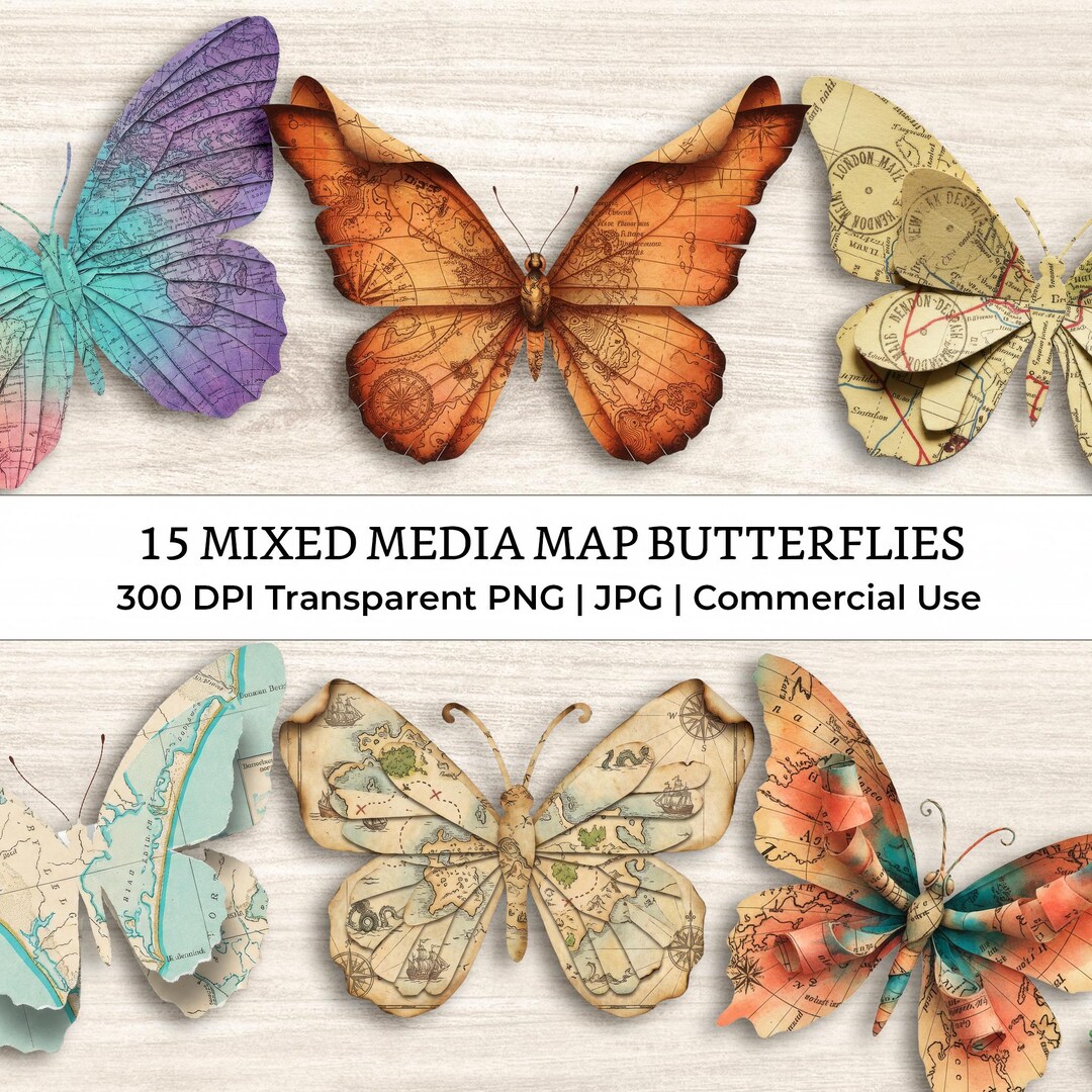 15 Paper Map Butterflies Clipart, Mixed Media Antique, Origami Collage ...