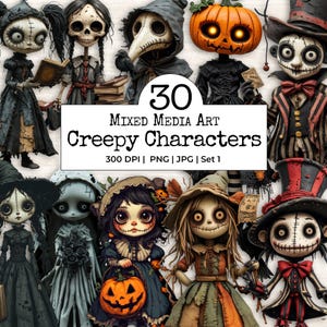 Mixed Media Halloween Ghost Girl Clipart Bundle | Spooky Cute Characters PNG | Vintage Creepy Fussy Cut | Junk Journal Scrapbook Supplies