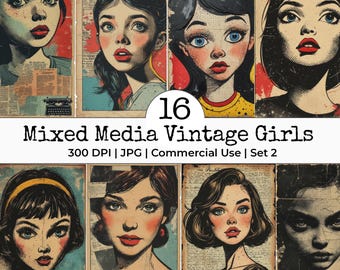 Mixed Media Vintage Women Collage PNG | Grunge  Distressed Girl Ephemera | Quirky Female Clipart | Junk Journal Scrapbook Kit | Set-2