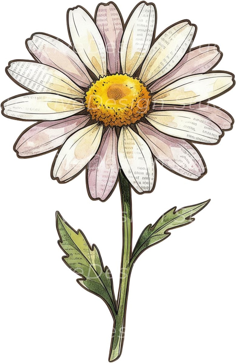 Op de afbeelding: Een illustratie van een madeliefje met witte bloemblaadjes met een krantenprinttextuur, een felgeel gestructureerd hart en een groene stengel met twee gekartelde bladeren. De gehele botanische afbeelding heeft een donkerbruine rand.