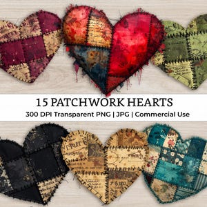 Op de afbeelding: Een verzameling patchwork harten in diverse kleuren en patronen. De harten zijn gemaakt van aan elkaar gestikte stukken stof, met een distressed, vintage uitstraling. De afbeelding bevat de tekst "15 PATCHWORK HEARTS".