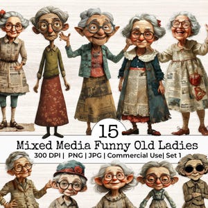 Puede incluir: Ilustración digital con 15 representaciones humorísticas de mujeres mayores. Cada personaje es único, con diferentes atuendos, gafas y peinados. El texto "Mixed Media Funny Old Ladies" se muestra debajo.