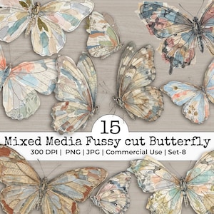 Puede incluir: Colección de quince recortes de mariposas de técnica mixta. Las mariposas presentan una variedad de colores, incluyendo azul, beige y melocotón. El texto "Mixed Media Fussy cut Butterfly" se muestra debajo de las mariposas.