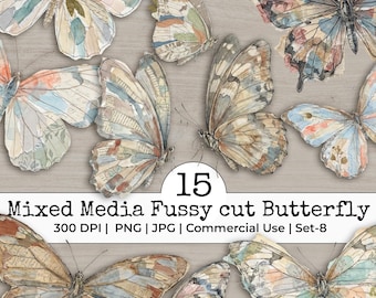 Clipart de mariposas con cortes recargados para diario basura de técnica mixta: collage de tela vintage con acuarela desgastada, suministros para álbumes de recortes / Set de 8