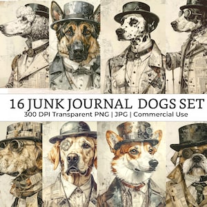 16 Junk Journal Fussy Cut Dogs Clipart Set,Distressed Watercolor vintage newspaper mixed media style Printable Craft Ephemera (PNG,JPG)