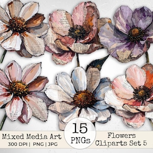 Op de afbeelding: Mixed media kunst met zes kleurrijke bloem cliparts. De bloemen hebben bloemblaadjes in tinten wit, roze, oranje en paars, met bruine en gele centra. De bloemblaadjes zijn getextureerd met wat papier lijkt te zijn. De tekst "15 PNGS" en "Flowers Cliparts Set 5" is inbegrepen.