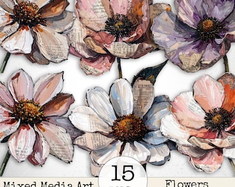 Mixed Media Junk Journal Clipart kieskeurig snijbloemen – noodlijdende aquarel vintage collage bloemen afdrukbare plakboekbenodigdheden | Set 5
