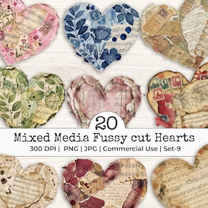 May include: A collection of 20 mixed media fussy cut hearts. The hearts feature various designs, including floral patterns, sheet music, stamps, and travel tickets. The color palette includes pink, blue, green, and sepia tones.