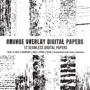 Könnte beinhalten: Eine Sammlung von 12 nahtlosen digitalen Papieren mit Grunge-Overlay-Texturen. Jedes Papier ist 30,48 cm x 30,48 cm groß und hat ein einzigartiges Schwarz-Weiß-Design. Formate: JPG, PNG und SVG, für kommerzielle Nutzung.