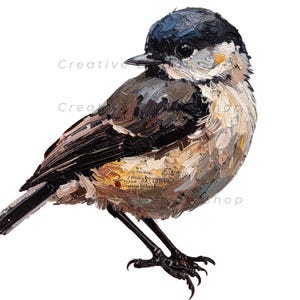 May include: An oil painting of a small bird with a black cap, white cheeks, and brown wings. The bird has a textured appearance with visible brushstrokes, a sharp beak, and thin black legs. The artwork features a white background.