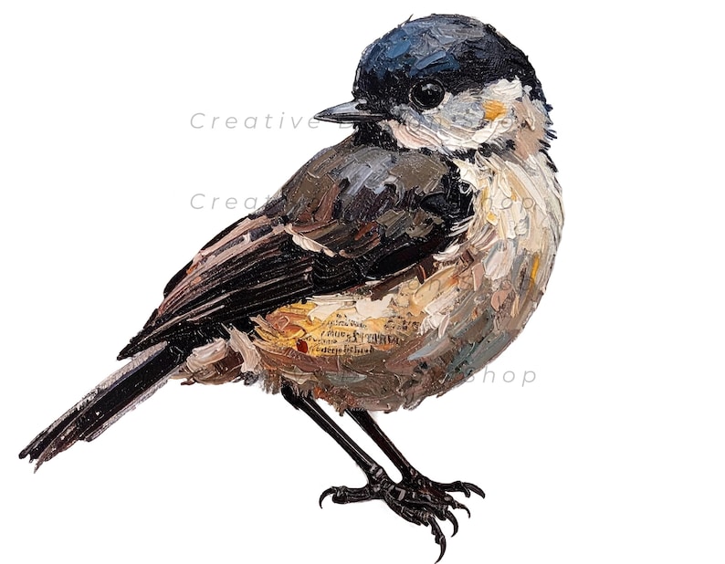 May include: An oil painting of a small bird with a black cap, white cheeks, and brown wings. The bird has a textured appearance with visible brushstrokes, a sharp beak, and thin black legs. The artwork features a white background.