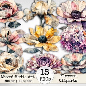 May include: A collection of floral illustrations featuring roses, irises, lilies, sunflowers, and hydrangeas with a mixed media aesthetic incorporating vintage newspaper print textures. The image includes text reading 15 PNGs, Mixed Media Art, 300 DPI, PNG, JPG, and Flowers Cliparts.