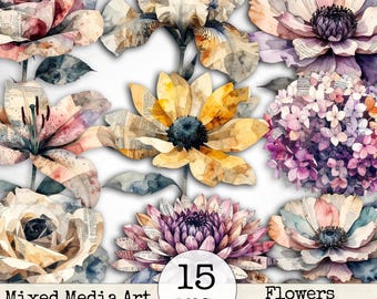 Mixed Media Junk Journal Fussy Cut Flowers Clipart – Distressed Watercolor Vintage Collage Ephemera Printable Scrapbook Supplies | Set 2