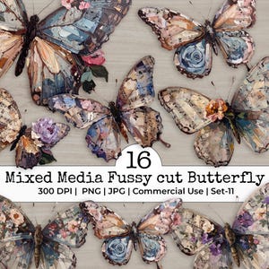 May include: A collection of 16 mixed media fussy cut butterflies. The butterflies feature a variety of colors, including blue, pink, and brown, with floral and musical note designs. The image includes the text "Mixed Media Fussy cut Butterfly".