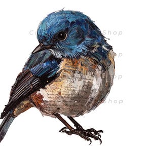 May include: A digital illustration of a small bird with a vibrant blue head and back, featuring textured brushstrokes. The bird's chest and underbelly are composed of layered, vintage-style script text in shades of cream, tan, and brown.