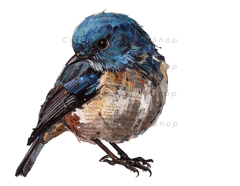 May include: A digital illustration of a small bird with a vibrant blue head and back, featuring textured brushstrokes. The bird's chest and underbelly are composed of layered, vintage-style script text in shades of cream, tan, and brown.