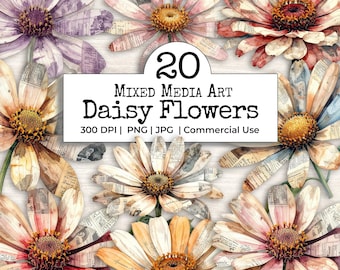 Mixed Media Fussy Cut Daisy Clipart Bundle | Vintage Watercolor Floral PNGs | Junk Journal Ephemera | Scrapbook Supplies