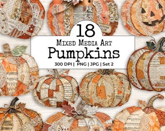Mixed Media Halloween Pumpkin Clipart Bundle | Autumn Fussy Cut PNGs | Vintage Torn Paper Collage Ephemera | Junk Journal Scrapbook Supplies