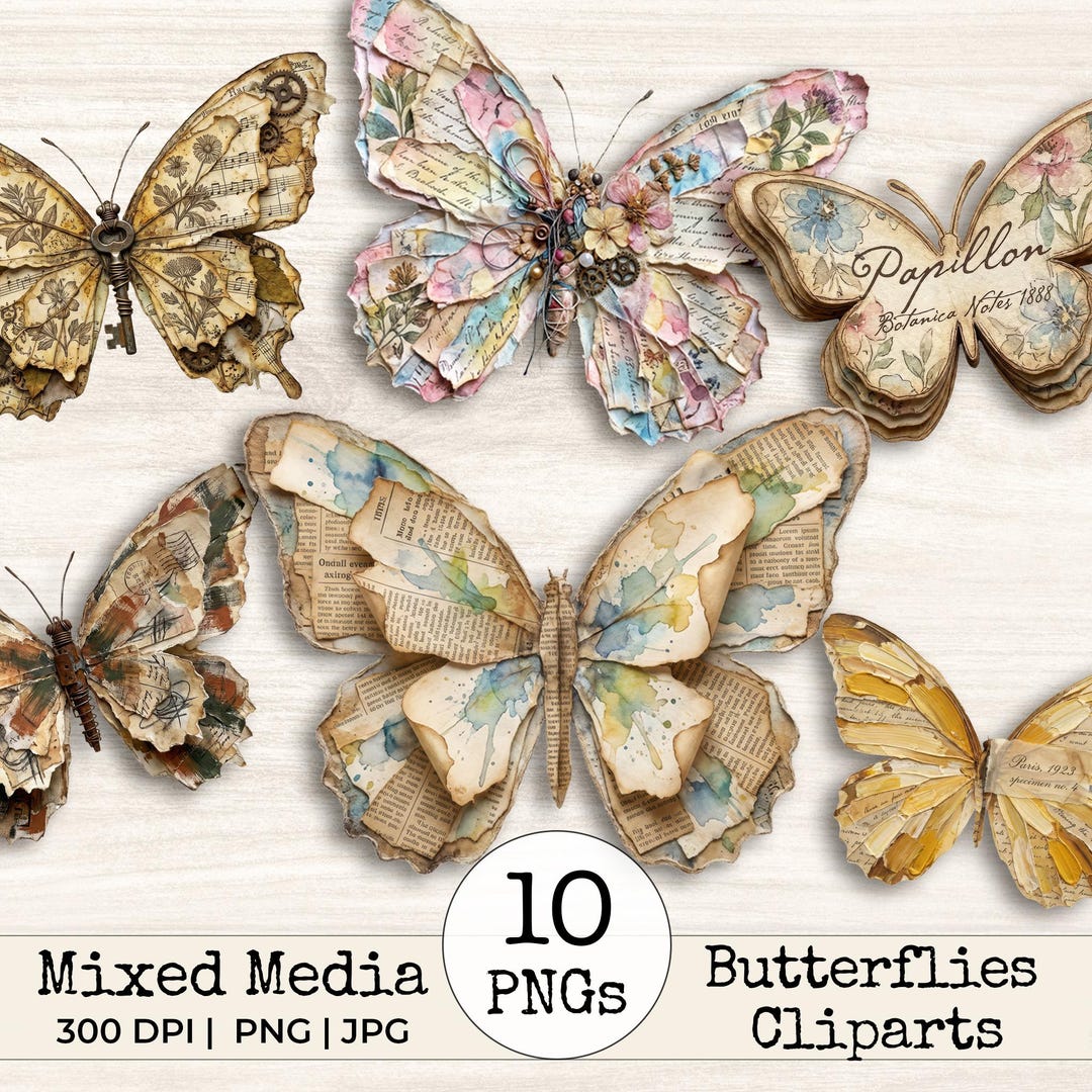 Mixed Media Junk Journal Fussy Cut Butterflies Clipart – Distressed ...