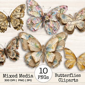 May include: A collection of ten mixed media butterfly cliparts. The butterflies feature wings made from vintage book pages, watercolor washes, and floral accents. Some butterflies have key-shaped bodies. The image includes the text "Butterflies Cliparts".