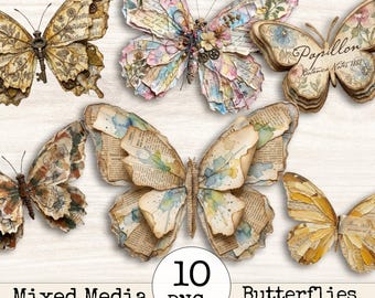 Clipart de mariposas recortadas con técnica mixta para diario basura: collage vintage de acuarela desgastada, efímera, suministros imprimibles para álbumes de recortes