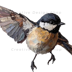May include: An oil painting of a small bird in flight with a black head, white cheeks, and a tan breast. The wings are extended, showing shades of brown, gray, and white brushstrokes. The bird has thin black legs and a sharp black beak.