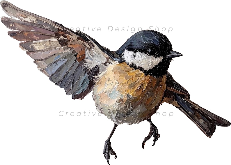 May include: An oil painting of a small bird in flight with a black head, white cheeks, and a tan breast. The wings are extended, showing shades of brown, gray, and white brushstrokes. The bird has thin black legs and a sharp black beak.