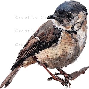 May include: An oil painting of a small bird with a black head and brown wings, featuring a textured impasto technique. The bird's chest incorporates collage elements of vintage script text on paper. The bird is perched on a thin brown branch.