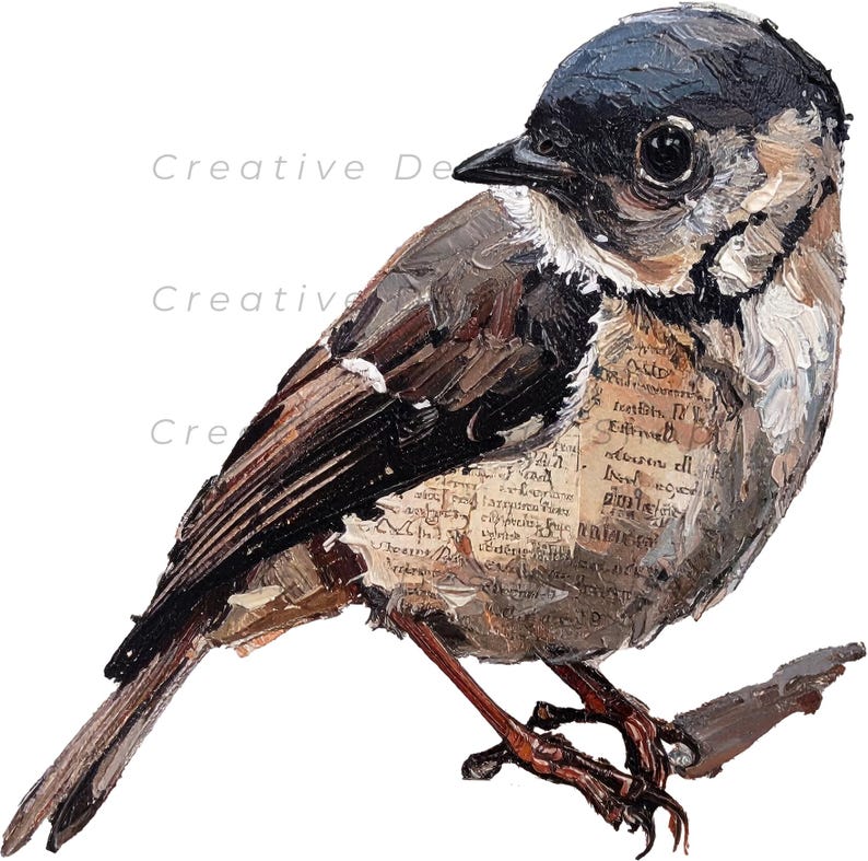May include: An oil painting of a small bird with a black head and brown wings, featuring a textured impasto technique. The bird's chest incorporates collage elements of vintage script text on paper. The bird is perched on a thin brown branch.
