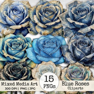 Puede incluir: Una colección de quince ilustraciones de rosas azules con estilos de arte de técnica mixta. Las rosas incorporan recortes de periódicos antiguos, notación musical y patrones de planos técnicos en sus pétalos. El texto dice 15 PNGs Mixed Media Art Blue Roses Cliparts 300 DPI PNG JPG.