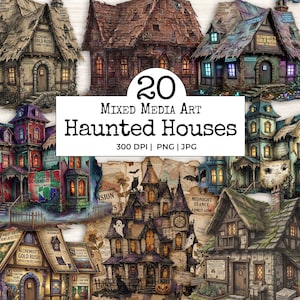 May include: A digital collection of 20 mixed media art haunted houses featuring various architectural styles, weathered textures, and newspaper-style text overlays. The images include glowing windows, spooky motifs, and detailed illustrations in a dark palette.