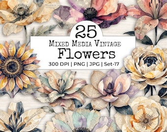 Mixed Media Fussy Cut Flower Clipart Bundle | Distressed Watercolor Vintage Collage Ephemera | Junk Journal Scrapbook Supplies | Set 17