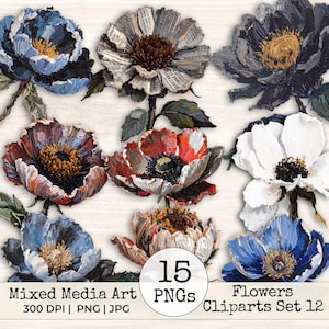Mixed Media Fussy Cut Flowers Clipart – Distressed Yarn Junk Journal Watercolor Vintage Collage Floral Printable Scrapbook Supplies | Set 12