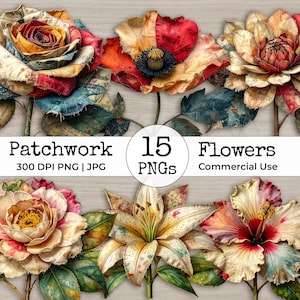 Pode incluir: Uma coleção de 15 PNGs de flores de patchwork. As flores de tecido apresentam uma variedade de cores, incluindo vermelho, laranja, amarelo e azul. A imagem inclui o texto "Patchwork Flowers" e "Commercial Use".
