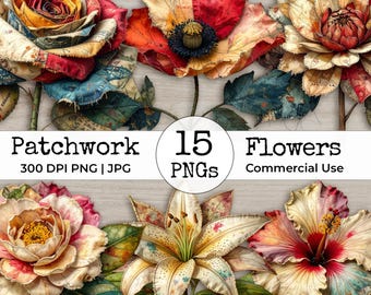 Mixed Media Patchwork Flowers Clipart – Distressed Junk Journal  Watercolor Vintage Collage Ephemera Printable Fussy Cut Scrapbook Supplies