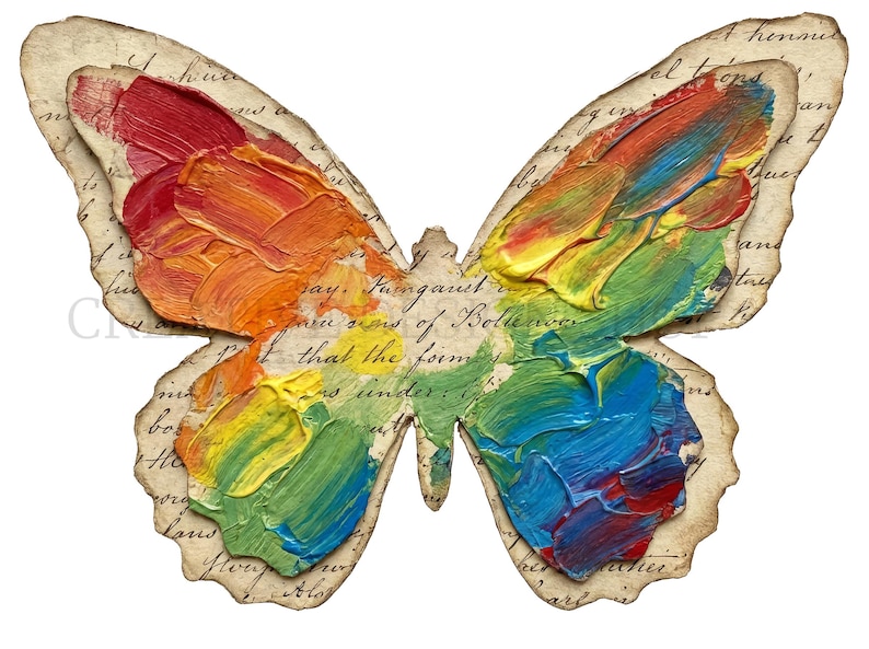Puede incluir: Un recorte con forma de mariposa que presenta pintura al &oacute;leo espesa y texturizada en un vibrante espectro arco&iacute;ris de rojo, naranja, amarillo, verde y azul. La mariposa se superpone sobre un fondo de papel beige con escritura cursiva.