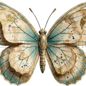 Puede incluir: Una pieza decorativa de pared con forma de mariposa, con alas de color crema, patrones de sombreado cruzado en azul cerceta, motas de color marr&oacute;n oscuro y detalles en pan de oro. Tiene un cuerpo central segmentado y dos antenas finas.