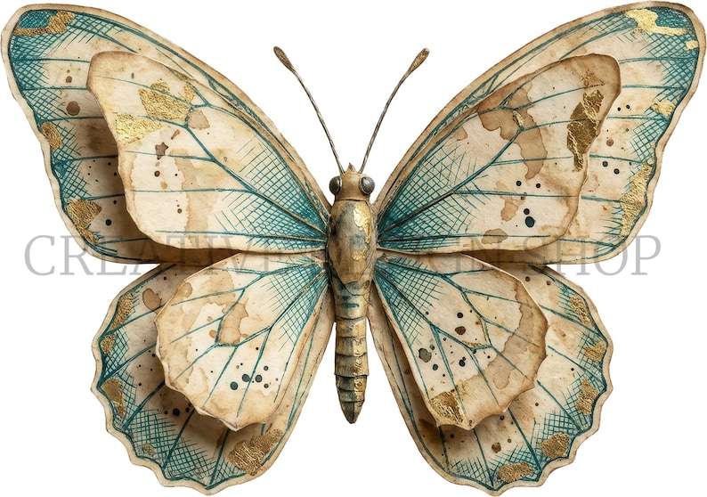 Puede incluir: Una pieza decorativa de pared con forma de mariposa, con alas de color crema, patrones de sombreado cruzado en azul cerceta, motas de color marr&oacute;n oscuro y detalles en pan de oro. Tiene un cuerpo central segmentado y dos antenas finas.