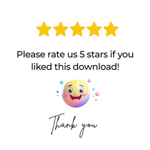 Op de afbeelding: Een digitale afbeelding met vijf gele sterren op een rij boven de zwarte tekst "Please rate us 5 stars if you liked this download!". Daaronder staat een 3D-stijl geel en paars smiley-emoji omringd door kleine kleurrijke stippen en "Thank you".