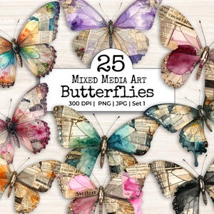 Könnte beinhalten: Eine digitale Sammlung von 25 Mixed-Media-Kunstschmetterlingen mit Aquarellfarben und Vintage-Zeitungsdrucktexturen. Der zentrale Text lautet 25 Mixed Media Art Butterflies 300 DPI | PNG | JPG | Set 1, umgeben von verschiedenen farbenfrohen Schmetterlingsillustrationen.