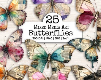 Vintage Mixed Media Butterfly Clipart Bundle | Fussy Cut PNGs | Antique Ephemera Collage | Grunge Texture Scrapbook Junk Journal Art Suppy