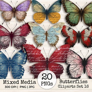 Peut inclure: Une collection de neuf papillons aux motifs colorés incluant violet, jaune, vert, rouge, bleu et rose, avec une écriture cursive superposée. L'image contient le texte 20 PNGs, Mixed Media, Butterflies, et Cliparts Set 16.