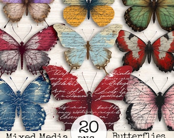 Mixed Media Fussy Cut Butterfly Clipart | Distressed Rustic Antique Handwritten Script Vintage Ephemera PNG | Junk Journal Scrapbook Supply