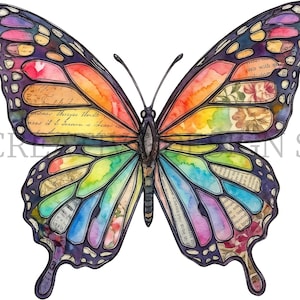 Puede incluir: Una ilustraci&oacute;n de mariposa con alas de acuarela en colores arco&iacute;ris vibrantes y contornos oscuros. Las alas incorporan elementos de collage que incluyen escritura antigua, patrones florales y fragmentos de texto detallados.