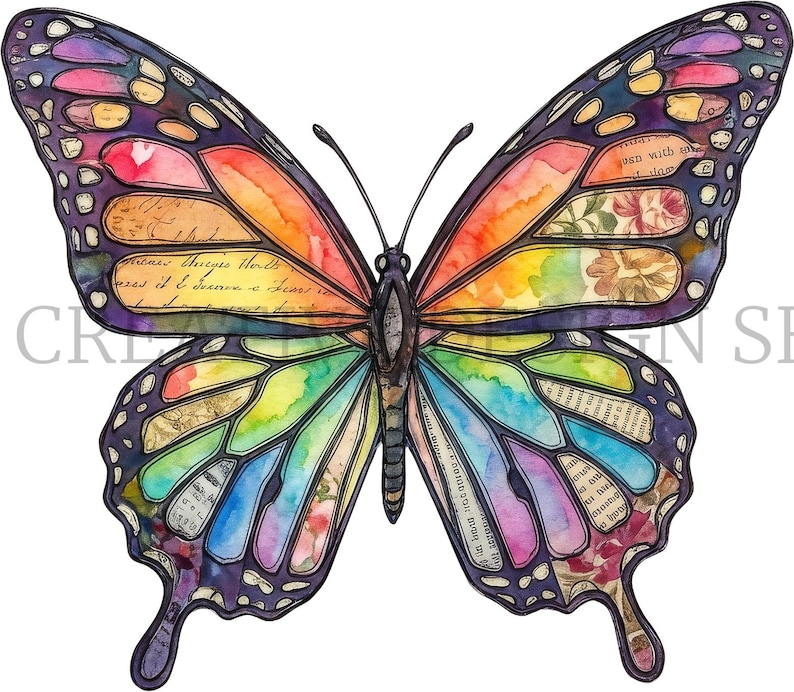 Puede incluir: Una ilustraci&oacute;n de mariposa con alas de acuarela en colores arco&iacute;ris vibrantes y contornos oscuros. Las alas incorporan elementos de collage que incluyen escritura antigua, patrones florales y fragmentos de texto detallados.