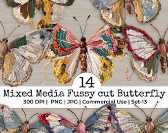 Mixed Media Fussy Cut Butterfly Clipart – Distressed Yarn style Vintage old text Collage Ephemera Scrapbook Supplies | Set 13