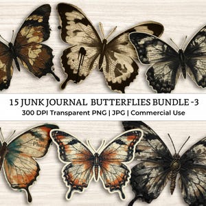 Mixed Media Junk Journal Fussy Cut Black Butterflies Clipart – Distressed Watercolor Vintage Collage Ephemera Printable Scrapbook Supplies