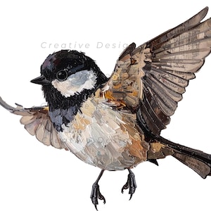 May include: An oil painting of a small bird in flight with wings spread wide. The bird features a black head, white cheeks, and a body with textured brushstrokes in shades of brown, tan, and cream. The wings display a collage-like pattern.