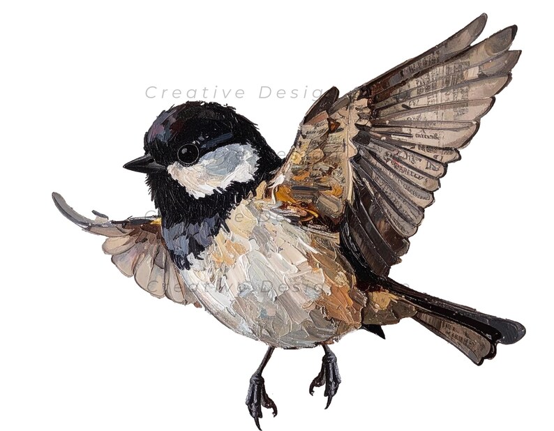 May include: An oil painting of a small bird in flight with wings spread wide. The bird features a black head, white cheeks, and a body with textured brushstrokes in shades of brown, tan, and cream. The wings display a collage-like pattern.